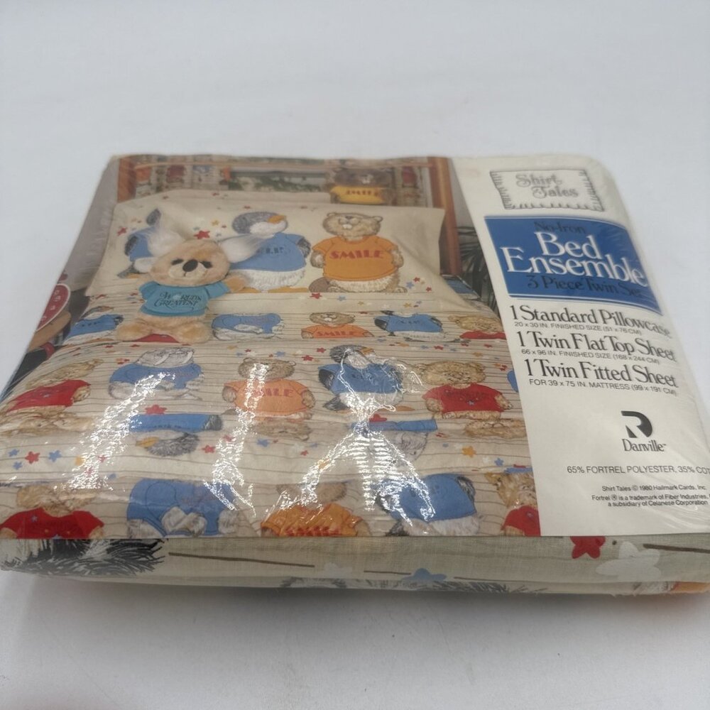 Vintage Shirt Tales 3 Piece Twin Set pillowcase flat & Fitted Bed Sheets New NOS